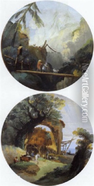Paesaggio Alpino Con Due Viandanti Ed Un Cane Su Un Ponte Sospeso Oil Painting - Giuseppe Bernardino Bison