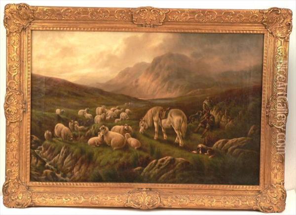 A Scottish Landscape With Sheep, Shepherds, Horse And Dog. Oil Painting - Duncan Cameron