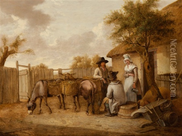 Three Figures With Donkeys On A Farmyard Oil Painting - Heinrich Wilhelm Schweickardt