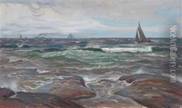 Skipstrafikk Ved Kysten Oil Painting - Thorolf Holmboe