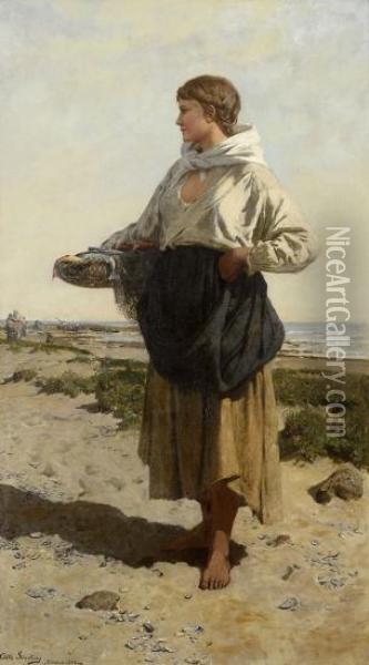 Fiskerjente Pa Strand 1883 1883 Oil Painting - Otto Sinding