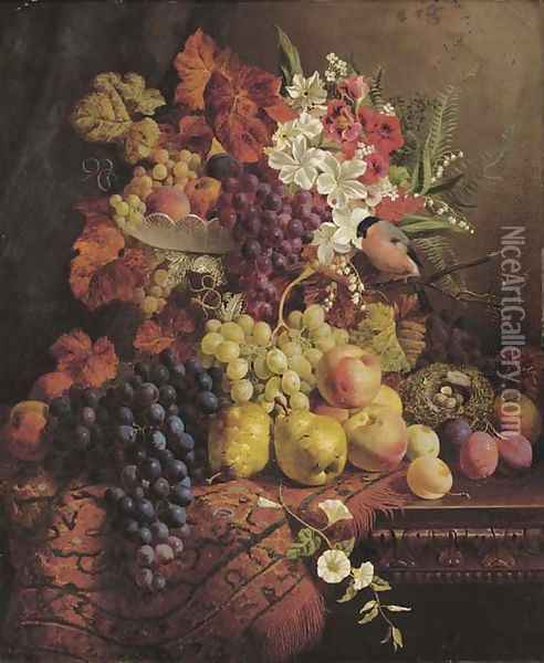 Flowers, fruit, a bullfinch and its nest Oil Painting - William Hughes