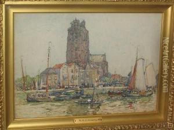 'bruges', And Another Continental Harbour Scene Oil Painting - Robert Mcgown Coventry