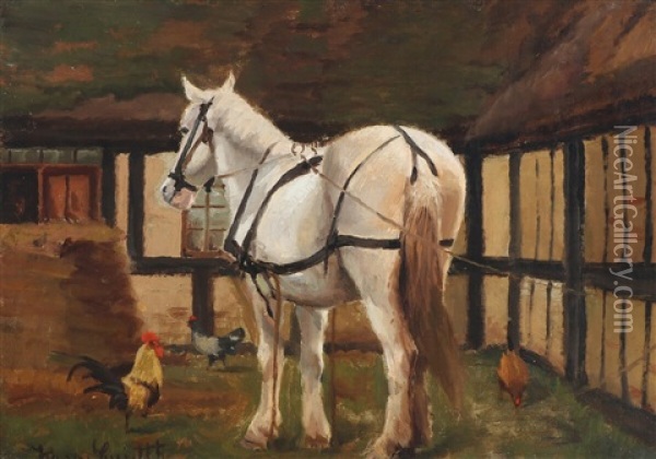 Farm Yard With Horse And Hens Oil Painting - Hans Ludvig Smidth