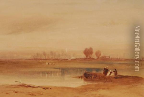 Figures In Extensive Landscape Oil Painting - Joseph Mallord William Turner