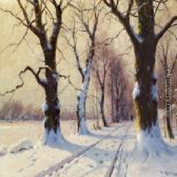 Winter Scene With A Man Walking In The Woods Oil Painting - Walter Moras