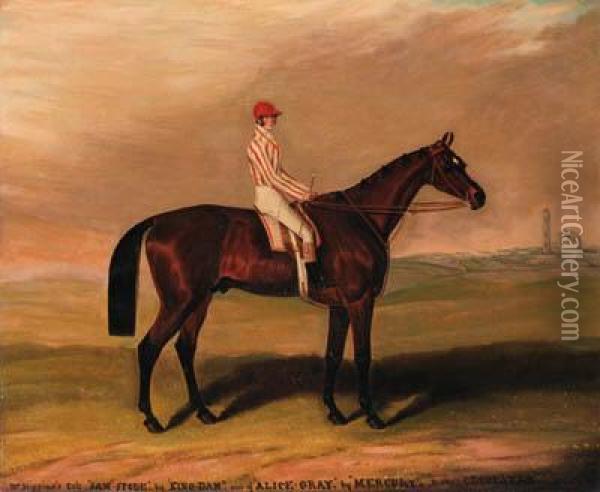 Sam Spode, A Brown Racehorse With Jockey Up Oil Painting - John Stone