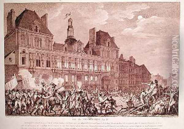 Robespierre Saint-Just Couthon and Hanriot Taking Refuge in the Hotel-de-Ville in Paris Oil Painting - Charles Monnet