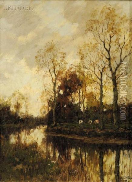 Landscape With Cows By A River At Twilight Oil Painting - Arnold Marc Gorter