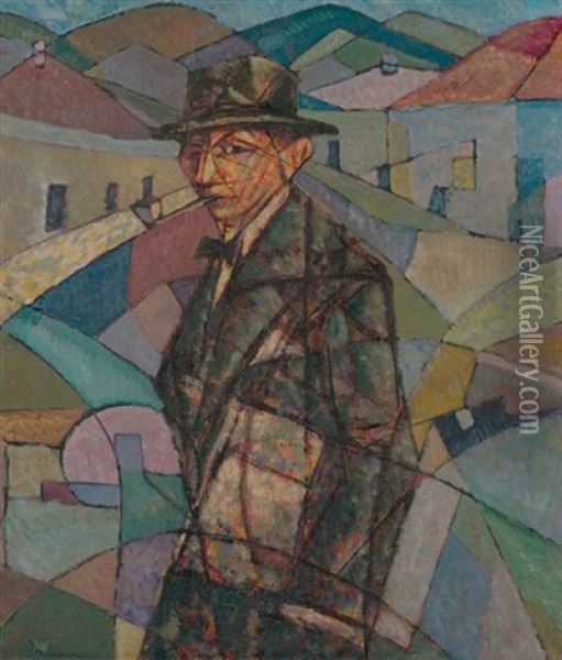 Man With A Pipe Oil Painting - Jerzy Hulewicz