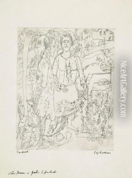 Zwei Frauen Im Garten Oil Painting - Ernst Ludwig Kirchner