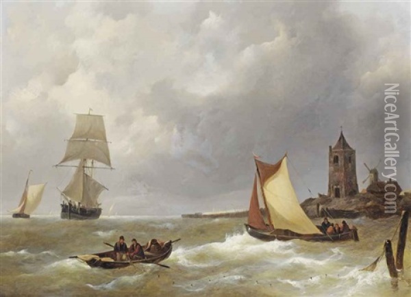 Sailing Vessels And Fishing Boats Off The Shore Oil Painting - Johannes Christiaan Schotel
