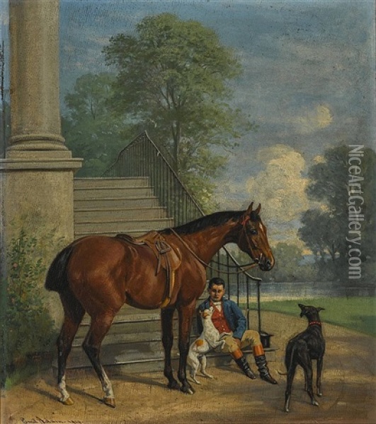 A Resting Horseman With A Horse And Two Dogs Oil Painting - Emil Adam