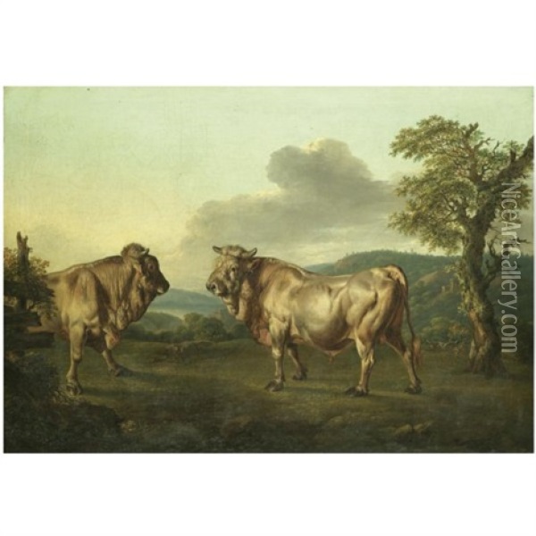 Two Bulls In A Landscape Oil Painting - Philipp Ferdinand de Hamilton