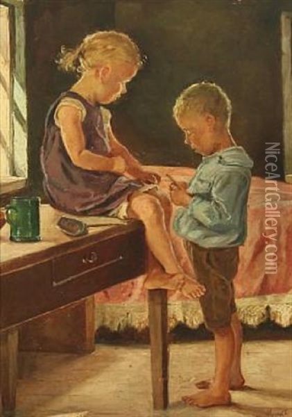 Interior With Sister And Brother Oil Painting - Emilie (Caroline E.) Mundt