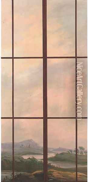 Trompe l'oeil of a window with a landscape beyond Oil Painting - English School