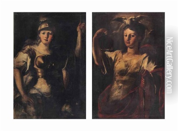 Allegory Of Fortitude; Allegory Of Justice (pair) Oil Painting - Francesco de Mura