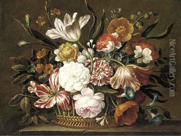 Tulips, morning glory, a rose and other flowers in a basket on a ledge Oil Painting - Jean-Baptiste Monnoyer