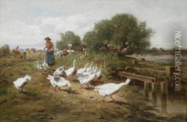 The Goose Girl Oil Painting - Antonio (Antonis Matteo) Montemezzo
