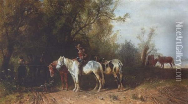 Bauern Mit Pferden Am Waldrand Oil Painting - Ludwig Hartmann