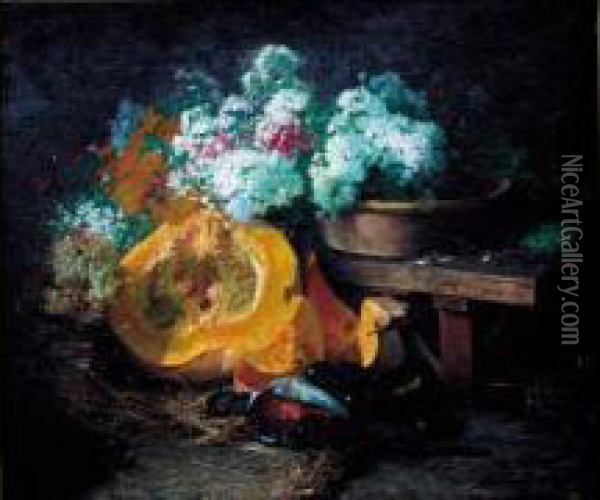 Grande Composition Au Potiron, Faisan Et Fleurs Oil Painting - Adolphe L. Degrange Castex-Degrange