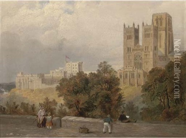 An Artist Sketching Before Durham Cathedral Oil Painting - William R. Robinson