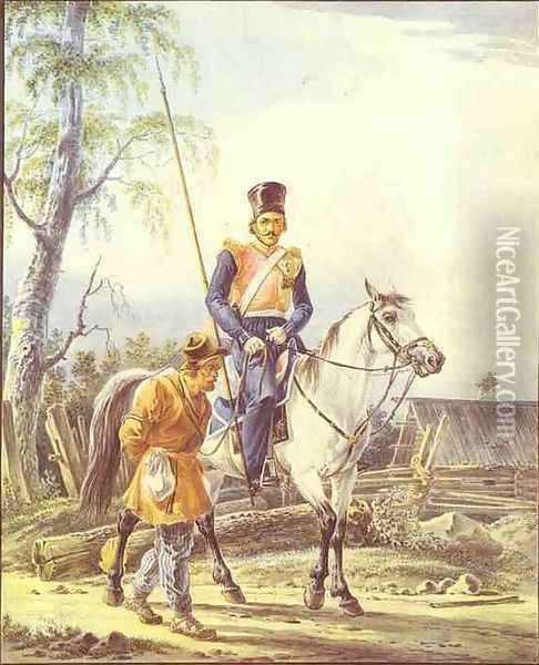 Mounted Cossack Escorting a Peasant Oil Painting - Aleksander Orlowski