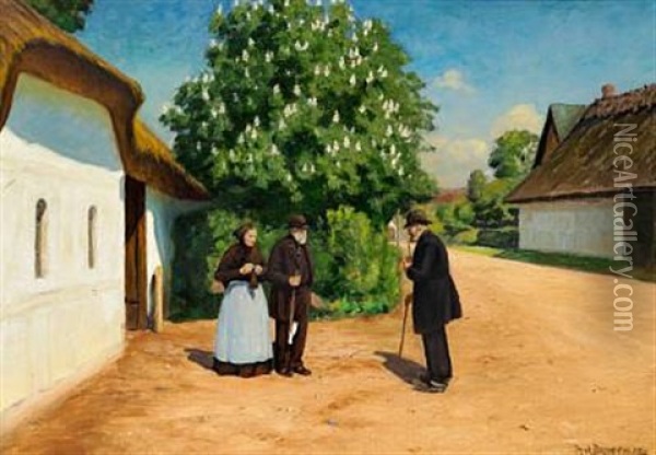 Spring Day In A Village With A Chestnut Tree In Bloom Oil Painting - Hans Andersen Brendekilde
