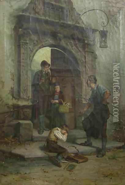 Boy in Shades of Grey at School Entrance Oil Painting - Theodore Gerard