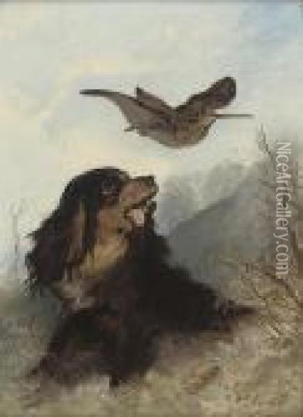 A Spaniel And A Woodcock Oil Painting - Richard Ansdell