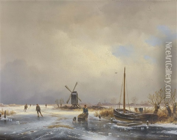 Hollandische Winterlandschaft Mit Schlittschuhlaufern Oil Painting - Anton Braakman