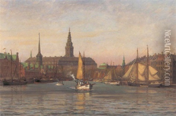 Parti Fra Kobenhavn Med Udsigt Mod Borsen Og Christiansborg Oil Painting - Vilhelm Karl Ferdinand Arnesen