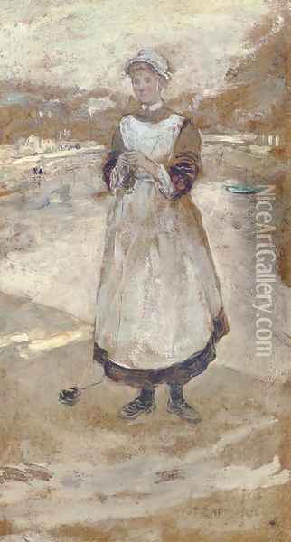 A Housemaid before a road Oil Painting - Jean-Francois Raffaelli