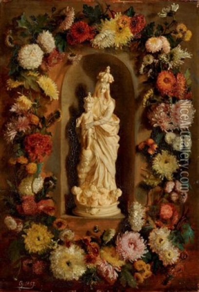 Vierge A L'enfant Dans Une Niche Bordee D'une Guirlande De Fleurs Oil Painting - Simon Saint-Jean