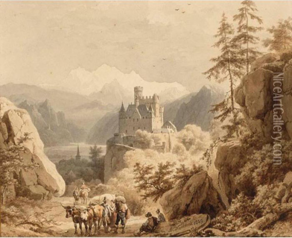 Travellers Resting In A Mountainous Landscape, A Castle In The Background Oil Painting - Barend Cornelis Koekkoek