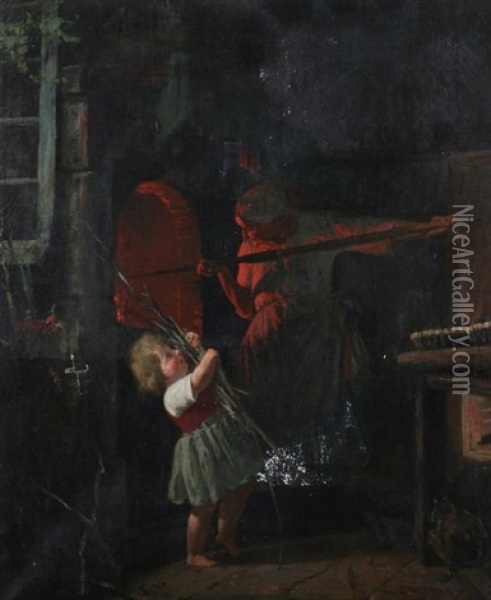 Tending The Brick Oven Oil Painting - Amable L. Schneider