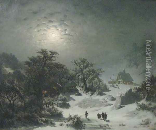 Winter Night Oil Painting - Adolf Kosarek