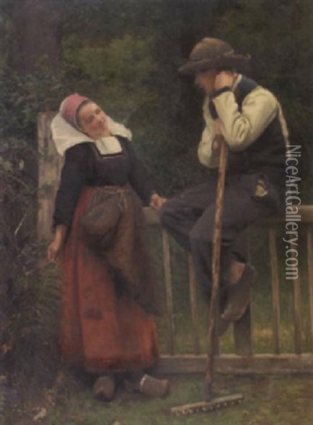 A Wayside Chat Oil Painting - Thomas Hovenden
