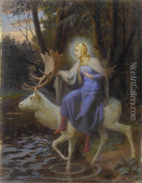 Genoveva And The Hind Oil Painting - Karl Gerhardt