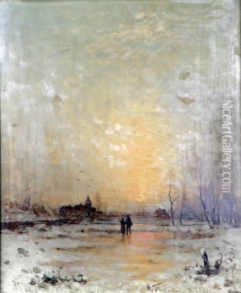 Vinterlandskap Med Figurer I Skymning Oil Painting - Heinz Flockenhaus