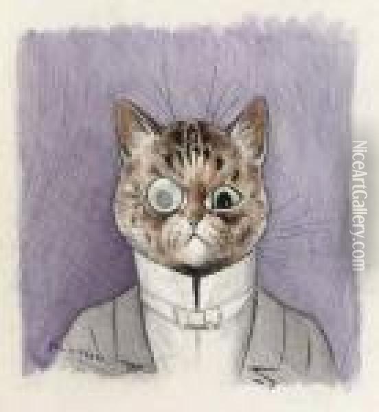 A Gentleman Cat, Monocle In Place Oil Painting - Louis William Wain