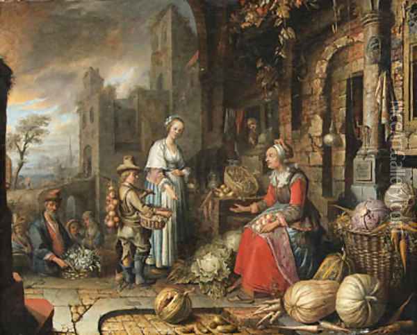 A greengrocer's stall by a gothic style building, a port beyond Oil Painting - Jan Adriansz van Staveren