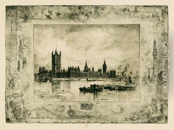 Westminster Palace. Oil Painting - Felix-Hilaire Buhot