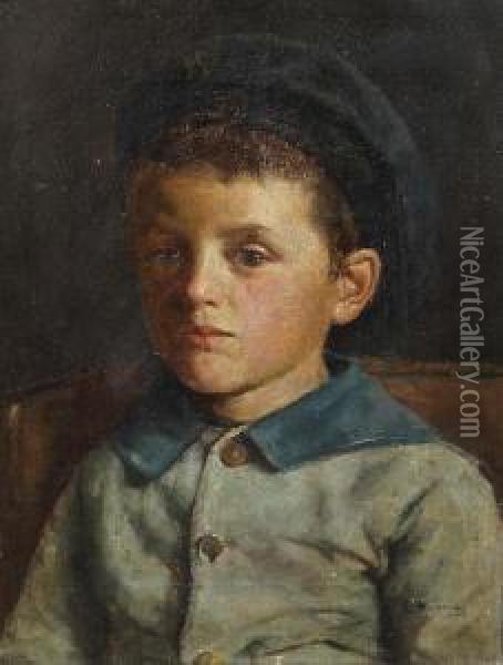 Portrait Of A Young Boy, Bust Length, In A Blue Jacket And Cap Oil Painting - Edwin Harris