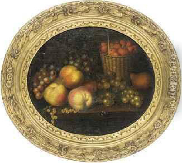 Grapes, Apples, Strawberries In A Basket And A Pear On Aledge Oil Painting - William Jones Of Bath