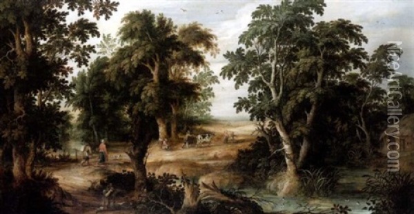 A Wooded Landscape With A Hunter And His Dog Beside A Pool, Travellers On A Path Beyond Oil Painting - Alexander Keirincx