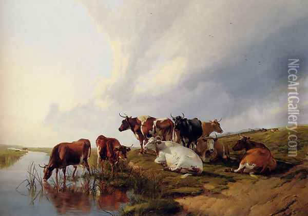 Evening In The Meadows Oil Painting - Thomas Sidney Cooper