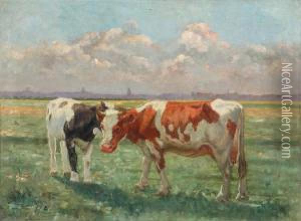 Heifers In The Meadow Oil Painting - Piet Staut
