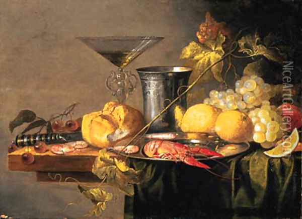 Crayfish and Prawns on a pewter Plate, a Beaker, a faon de Venise Wineglass, a Roll, a Knife, Lemons, Grapes, Cherries and other Fruit Oil Painting - Jan van den Hecke