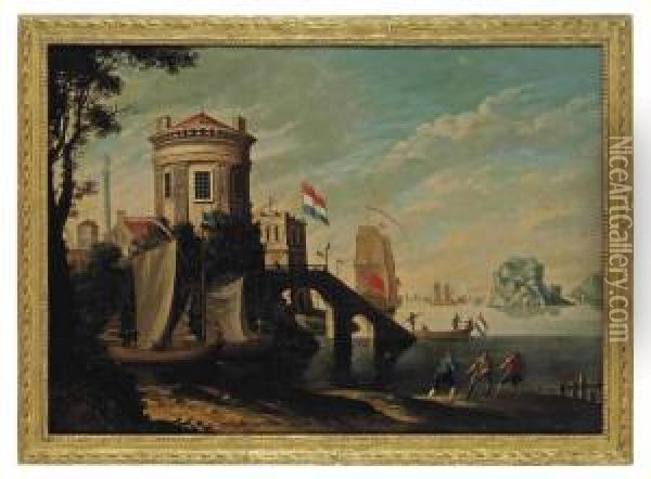 A Capriccio Of A Coastal Town With Shipping Oil Painting - Peter Shee